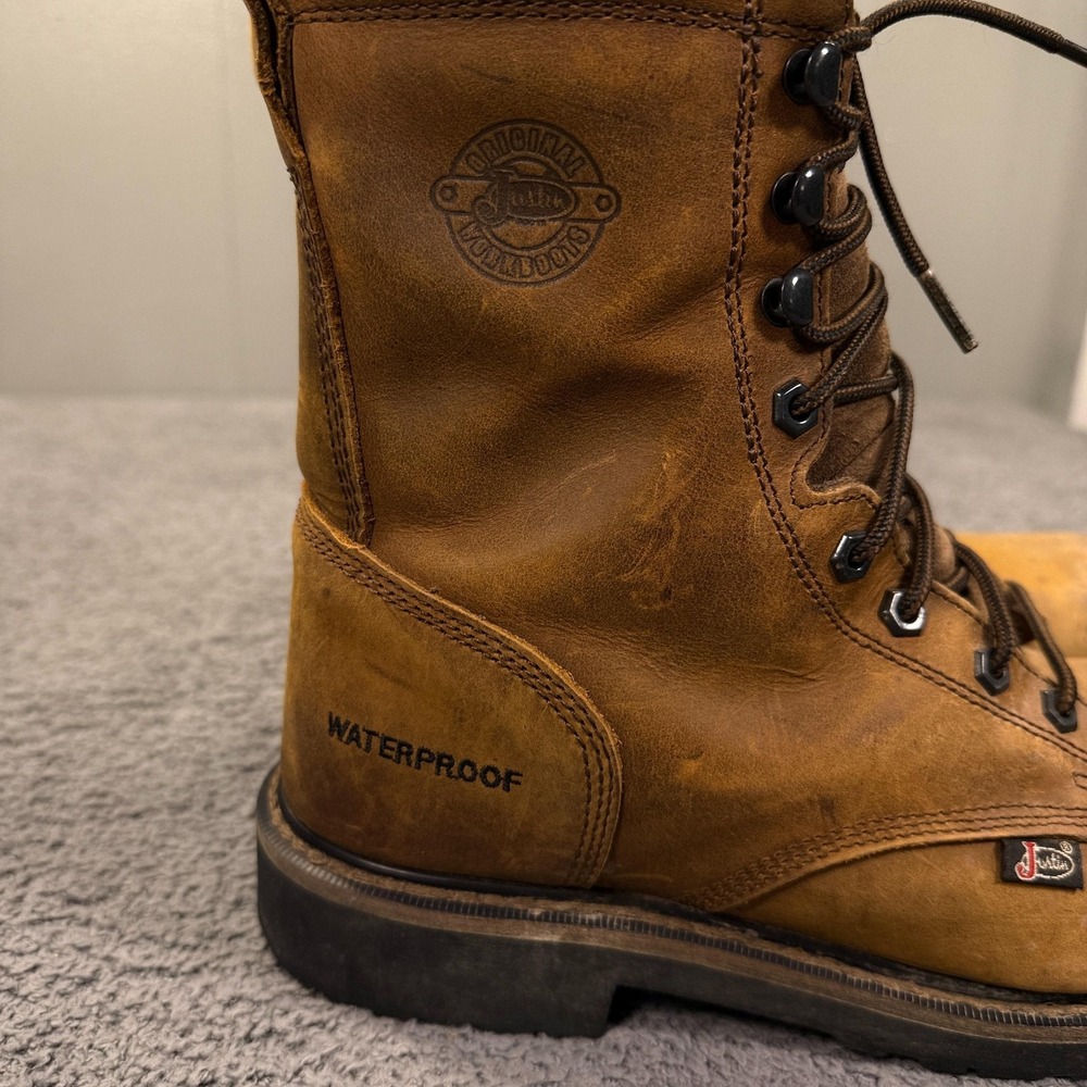 Justin Work Boots Mens 8.5 EE Brown Leather WK961 Waterproof Steel Toe 8 Inch - Picture 3 of 14